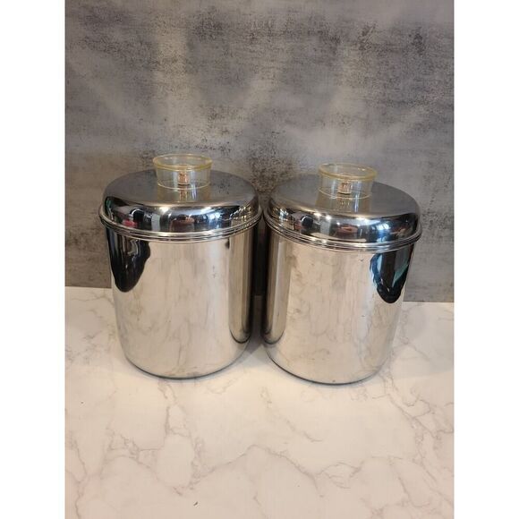 Revere Ware 1801 Stainless Steel MED Canisters w Lucite Knob 1960 MCM Set Of Two - Picture 10 of 10